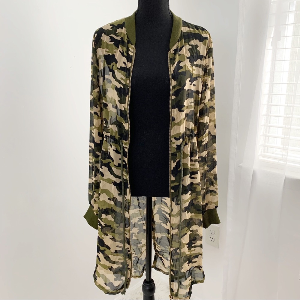 Sheer Camouflage Zipper Front Jacket